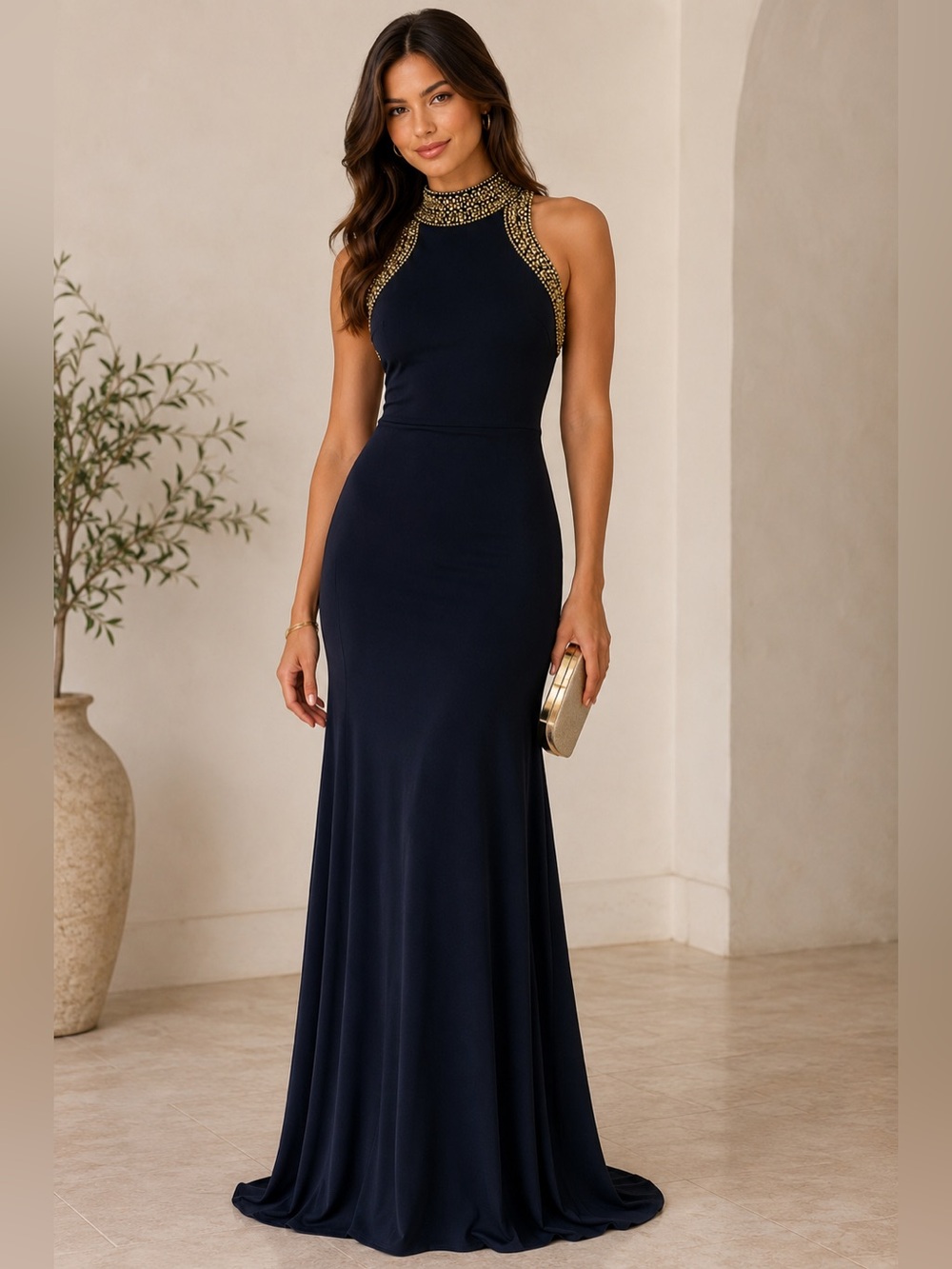 Blondie Nites by Stacy Sklar Long Form Fitting Gown w/ High Gold Beaded Neckline